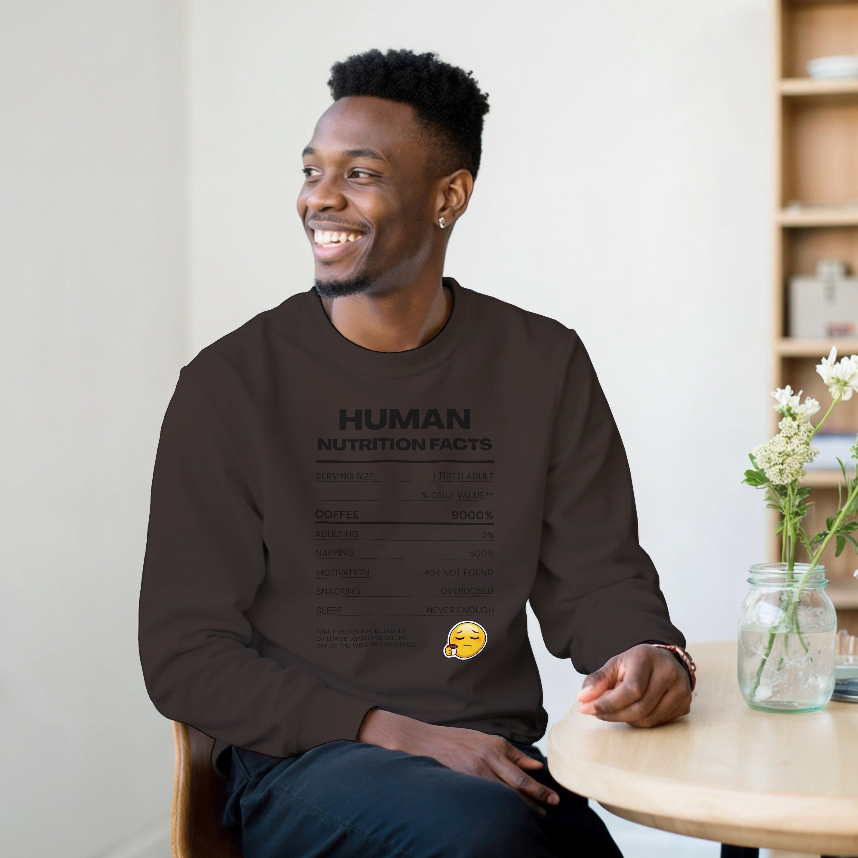 Human Nutrition Facts Sweater | Funny Sarcastic Sweatshirt | Coffee Addict Gift | Tired Adult Humour | Novelty Unisex Sweater