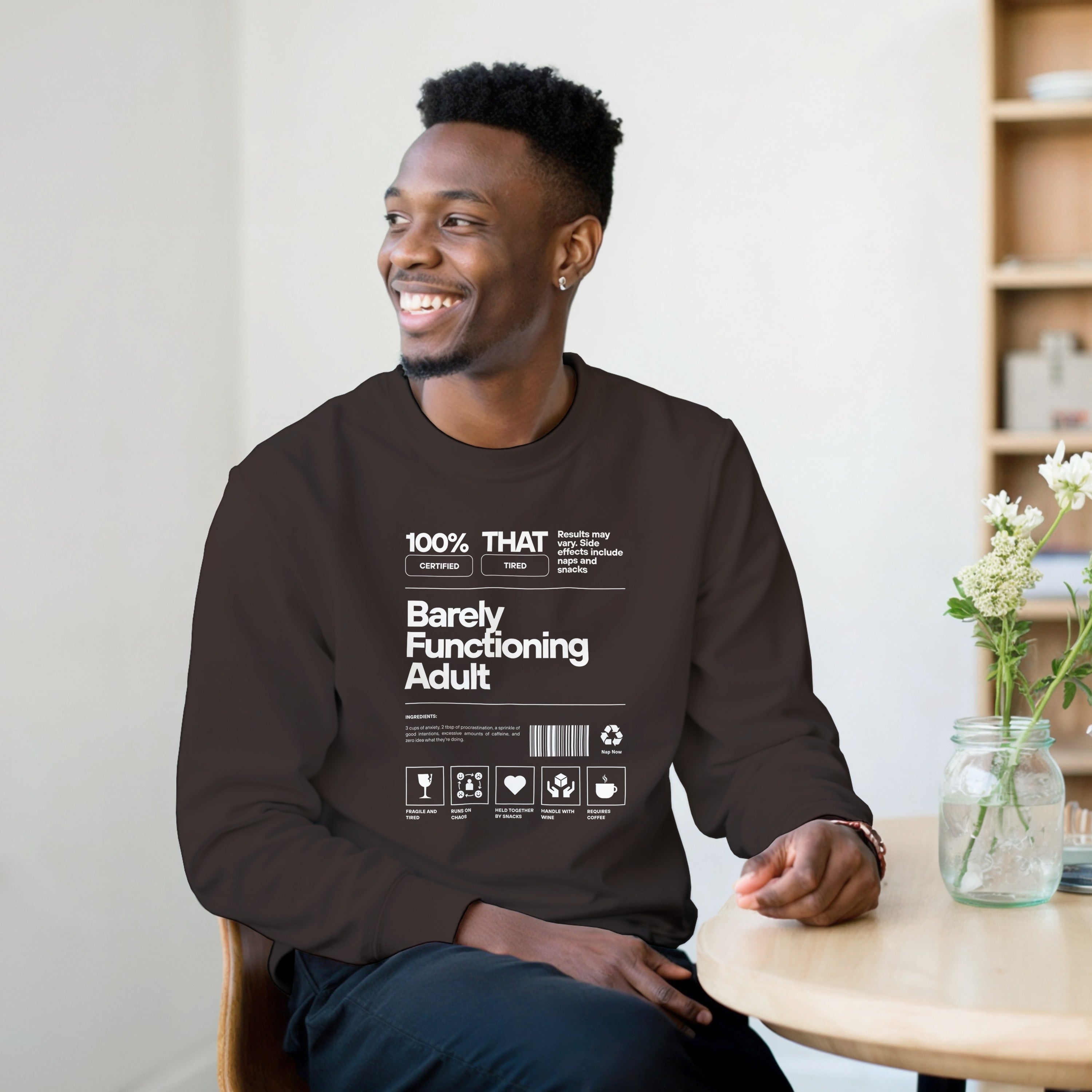 Barely Functioning Adult Sweater | Funny Meme Jumper | Sarcastic Gift | Tired Adult Sweatshirt | Chaos Coffee Anxiety | Gift For Her Him