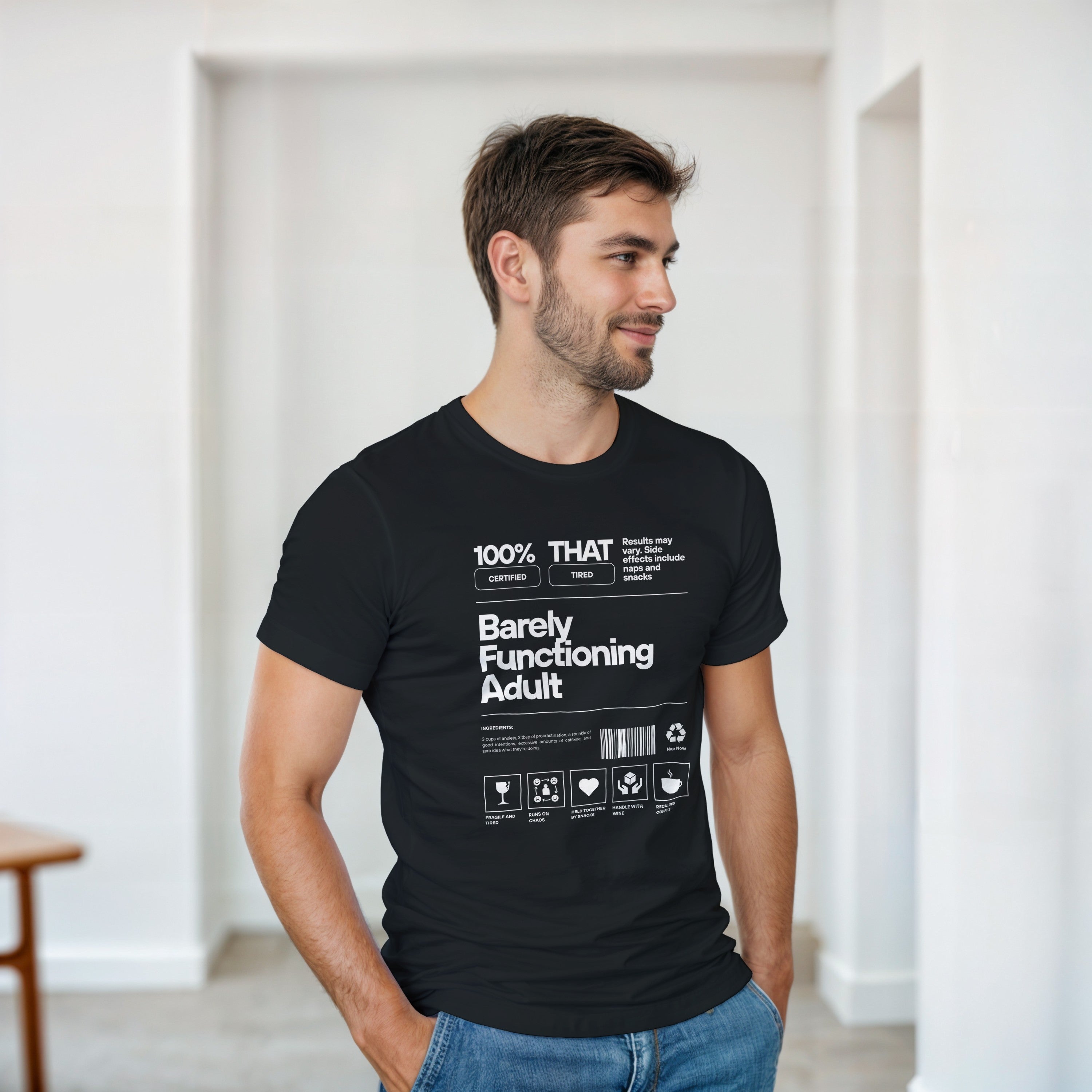 Barely Functioning Adult T-Shirt | Funny Meme Tee | Sarcastic Gift | Tired Adult Shirt | Chaos Coffee Anxiety Tee | Gift For Her Him