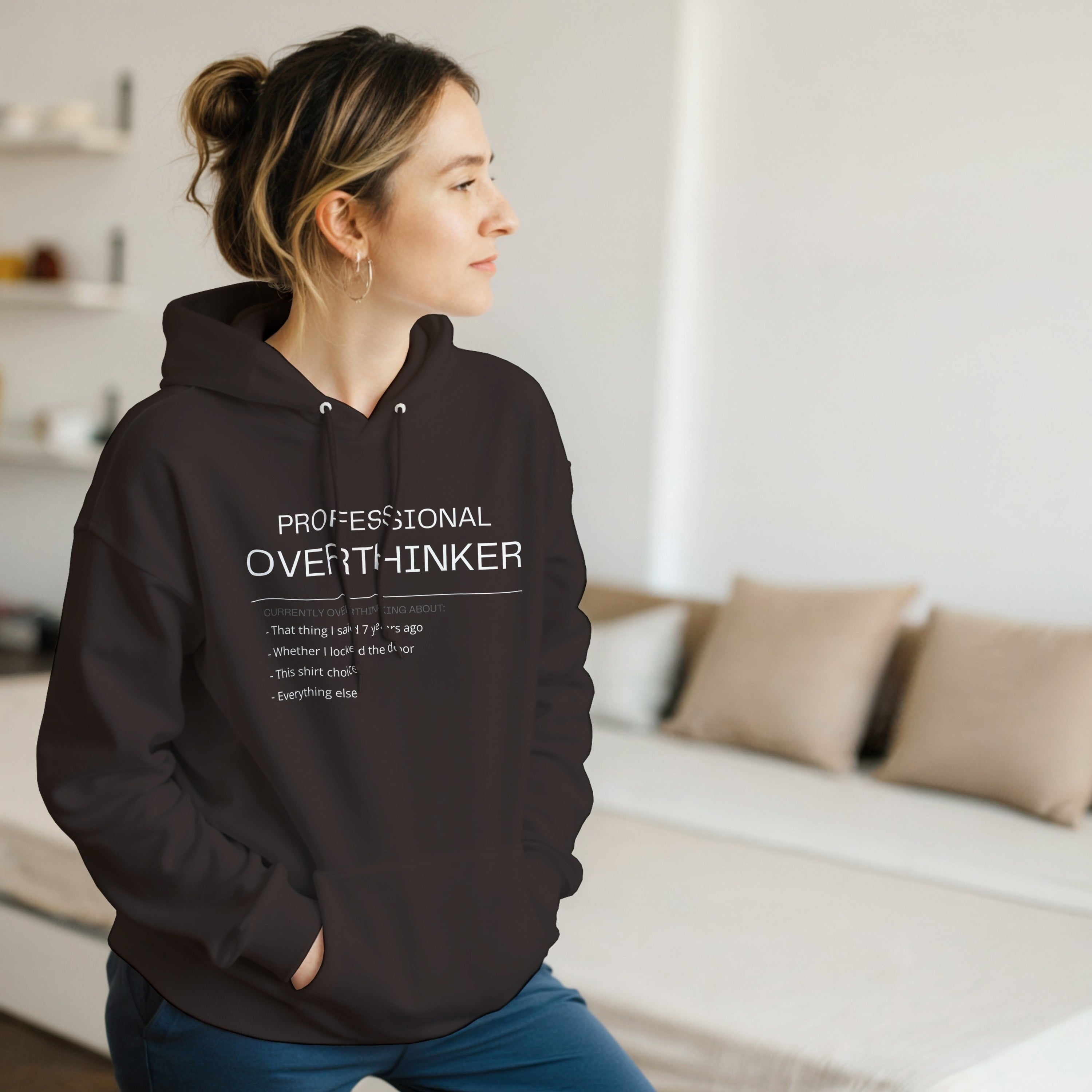Professional Overthinker Hoodie | Funny Sarcastic Hooded Sweatshirt | Anxiety Graphic Pullover | Relatable Meme Clothing Introvert Gift