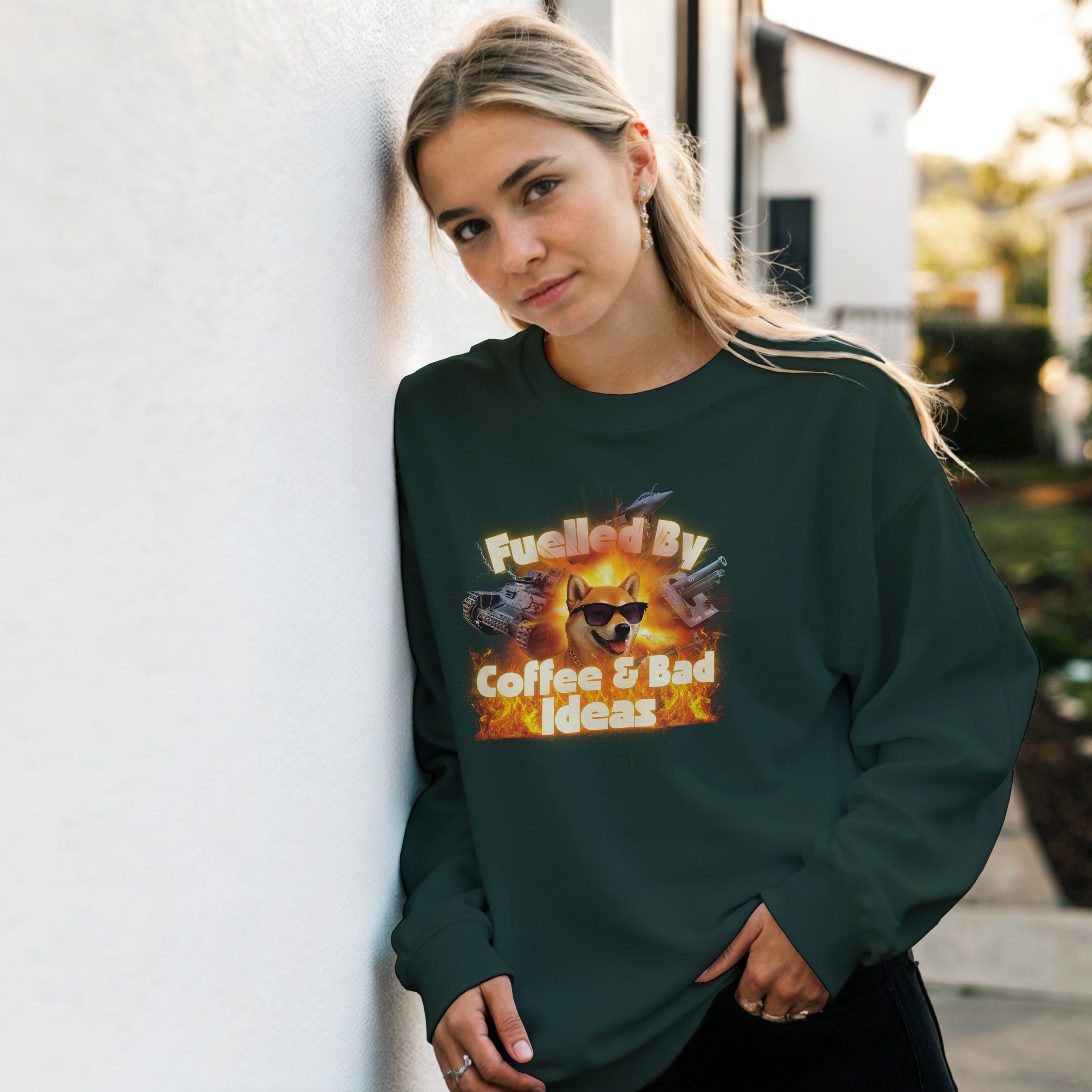 Fuelled by Coffee & Bad Ideas Sweatshirt | Funny History Meme | Military Tank Gift