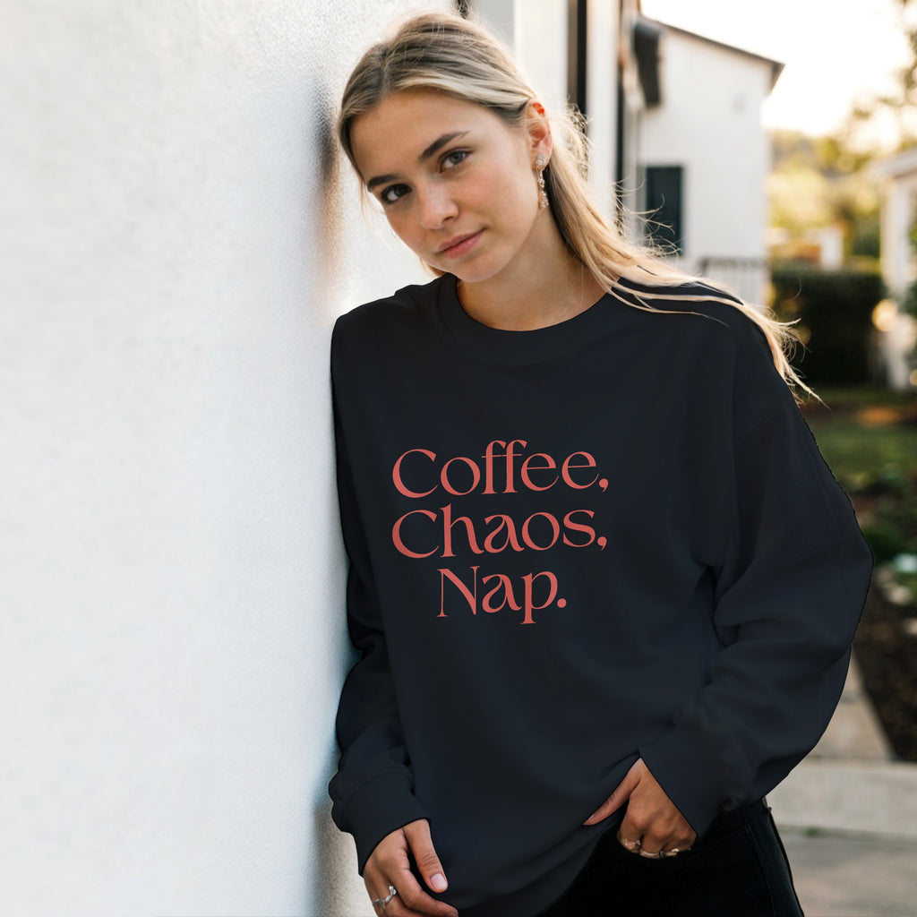 Coffee | Chaos | Nap | Minimalist Graphic Sweater | Trendy Aesthetic Pullover | Unisex Streetwear Crewneck | Coffee Lover Gift | Funny Gift