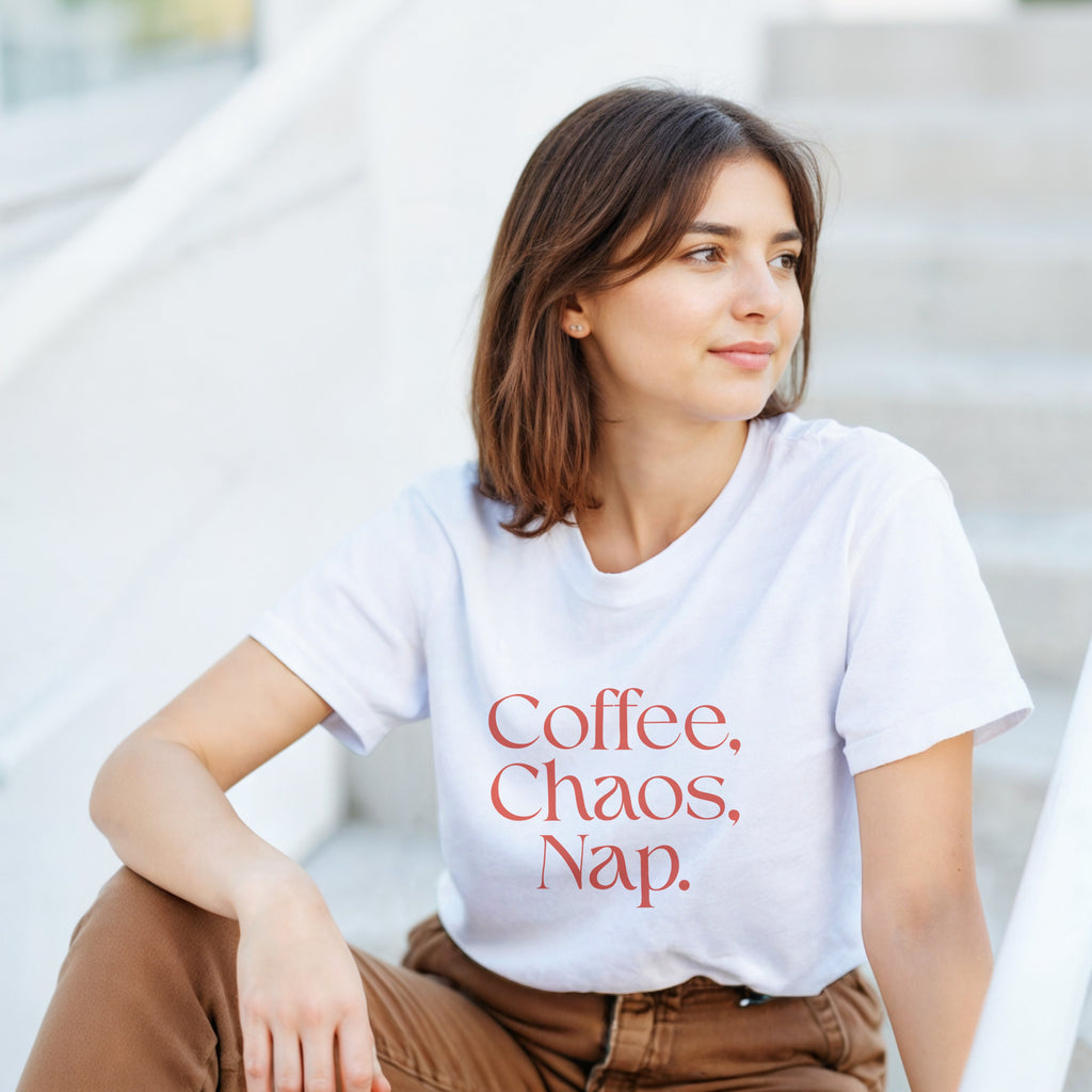 Coffee | Chaos | Nap | Minimalist Graphic Tee | Trendy Aesthetic Apparel | Unisex Streetwear Shirt | Cozy Loungewear | Unique Gift Idea