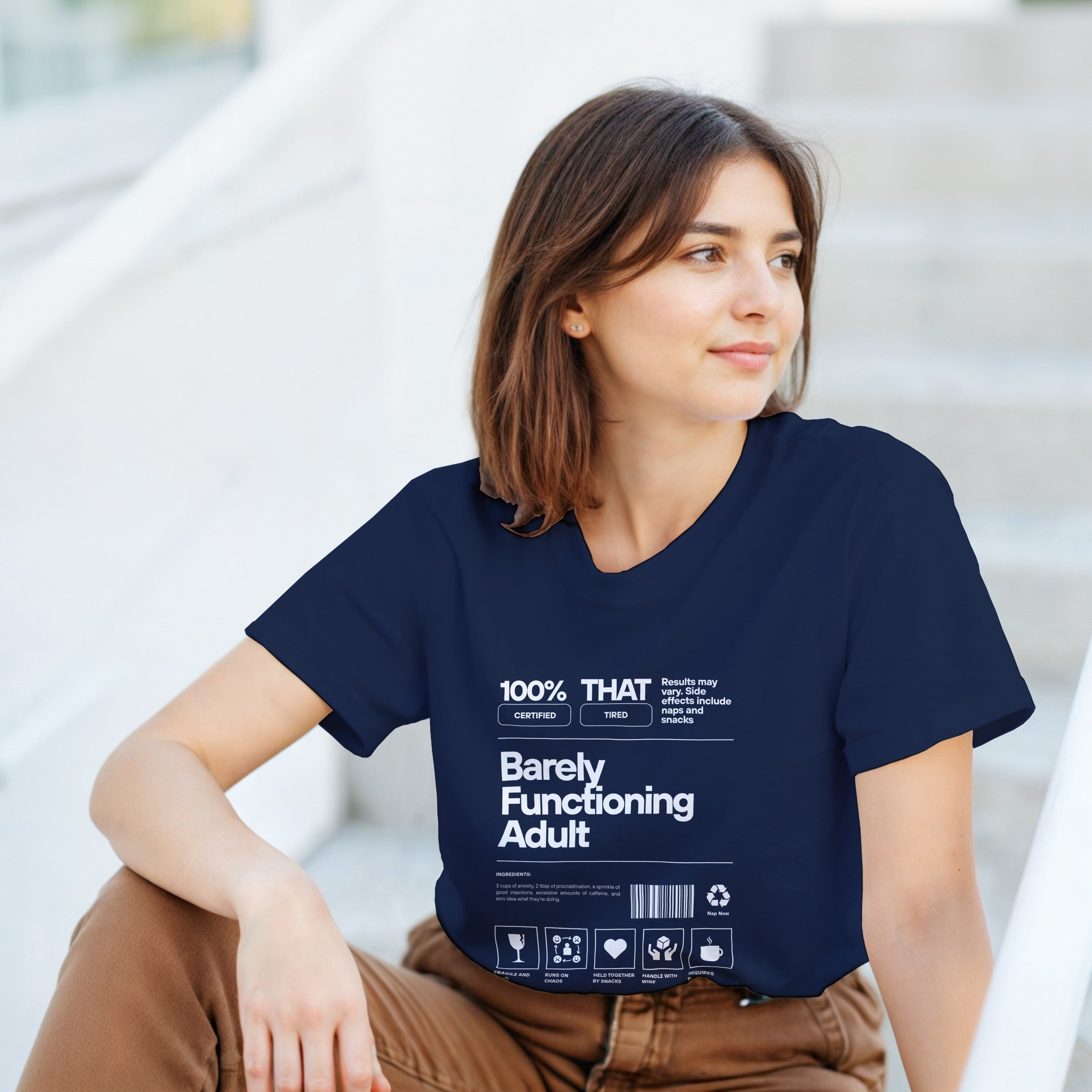Barely Functioning Adult T-Shirt | Funny Meme Tee | Sarcastic Gift | Tired Adult Shirt | Chaos Coffee Anxiety Tee | Gift For Her Him