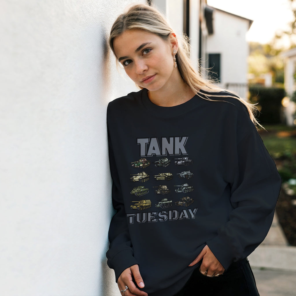 WW2 Tank Tuesday Sweater | WWII Sweatshirt | Military History Gift | Panzer Tiger Sherman Crewneck | Historical Armor Graphic Pullover