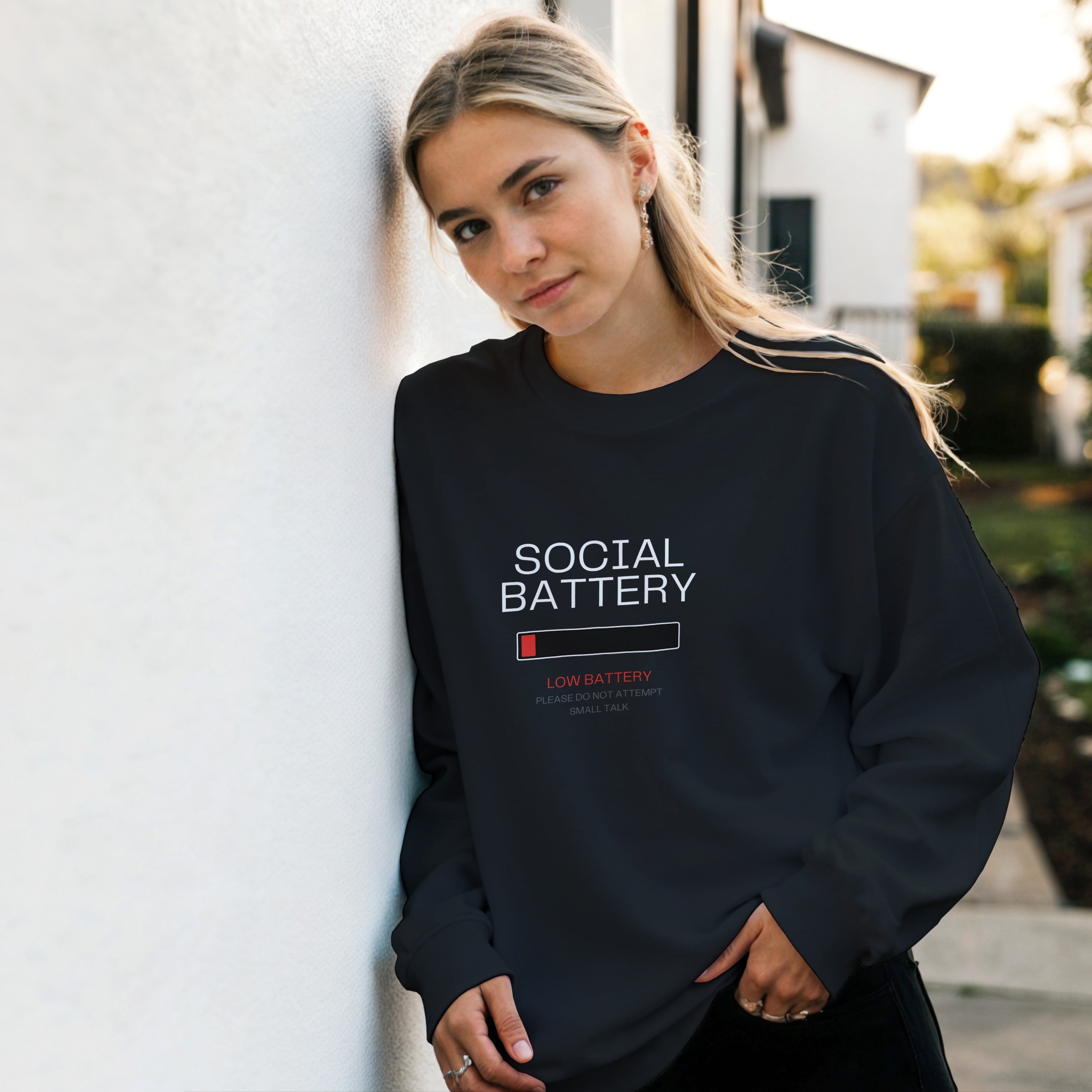 Social Battery Low Sweatshirt | Introvert Graphic Crewneck Sweater | Funny Sarcastic Pullover | Anti Social Gift | No Small Talk Clothing