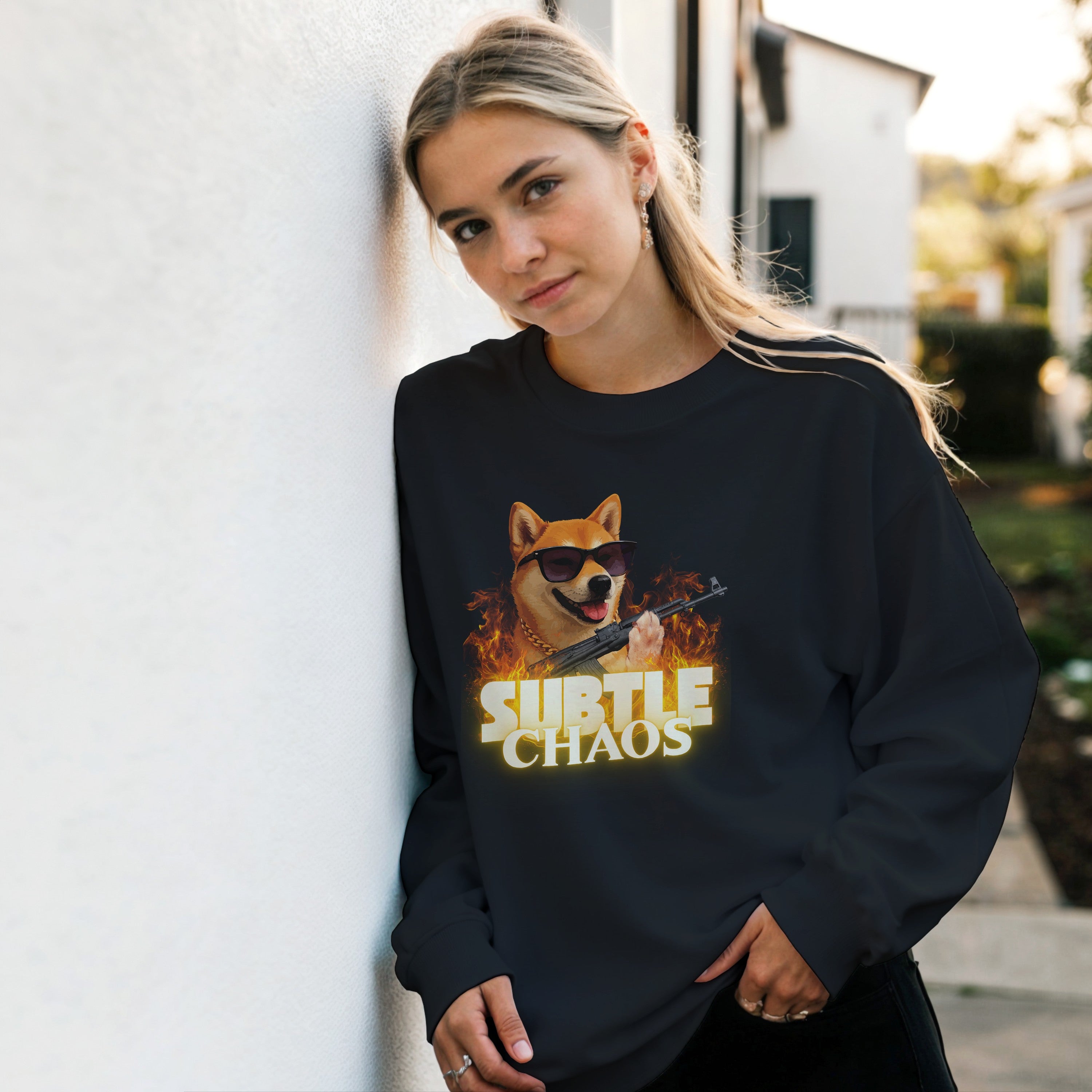Funny Tactical Dog Sweater | Shiba Inu AK47 Meme Crewneck | Military Meme Apparel