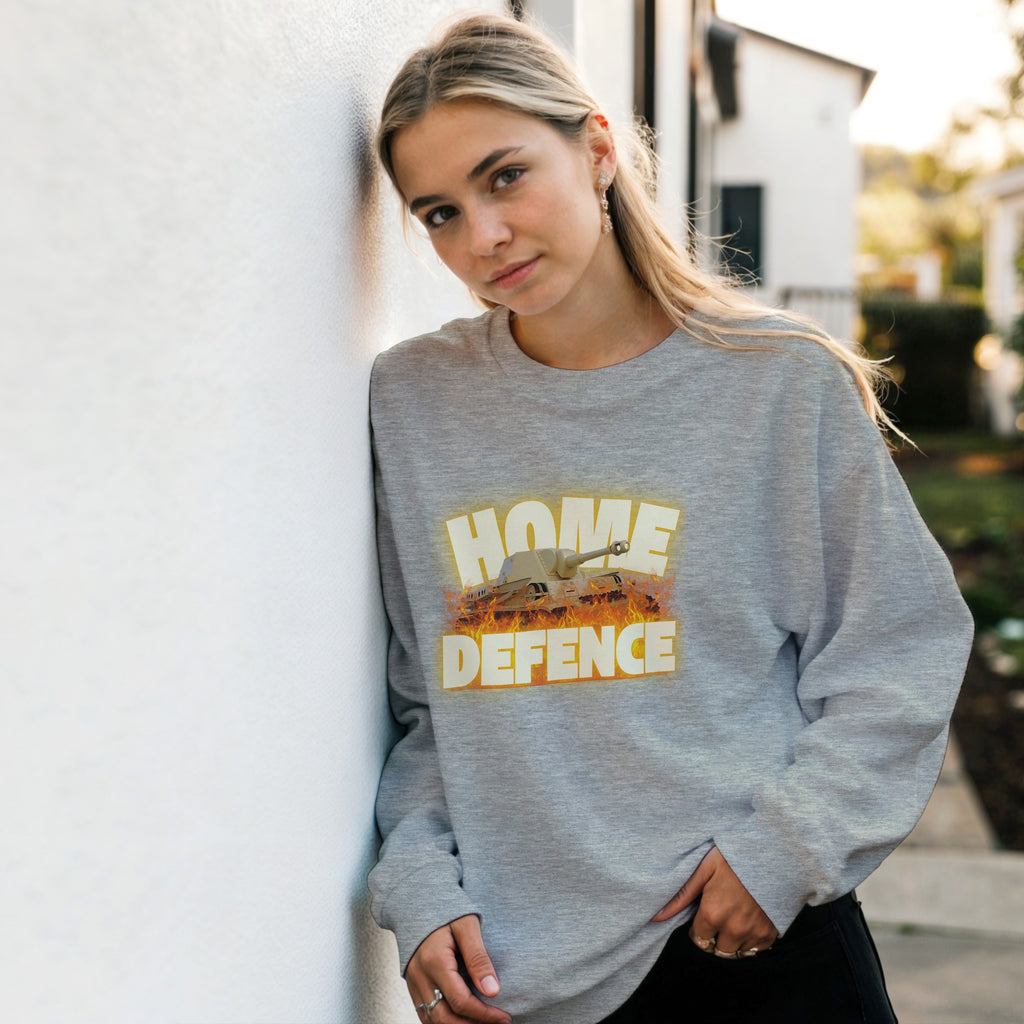 Home Defence Tank Crewneck | Military Graphic Pullover | Vintage Army Streetwear