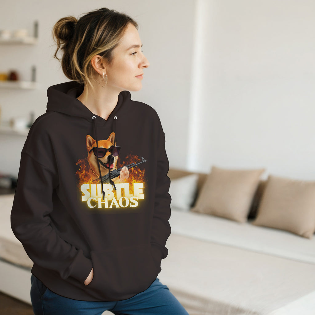 Subtle Chaos Shiba Inu Hoodie | Funny Tactical Dog Hooded Sweatshirt | AK47 Meme Clothing | Military History Buff Gift Graphic Outerwear