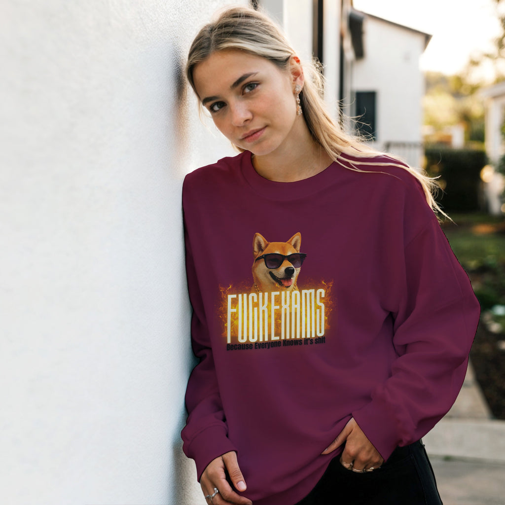 Fuck Exams Dog Sweater | Funny Shiba Inu Meme Crewneck | Sarcastic Student Gift