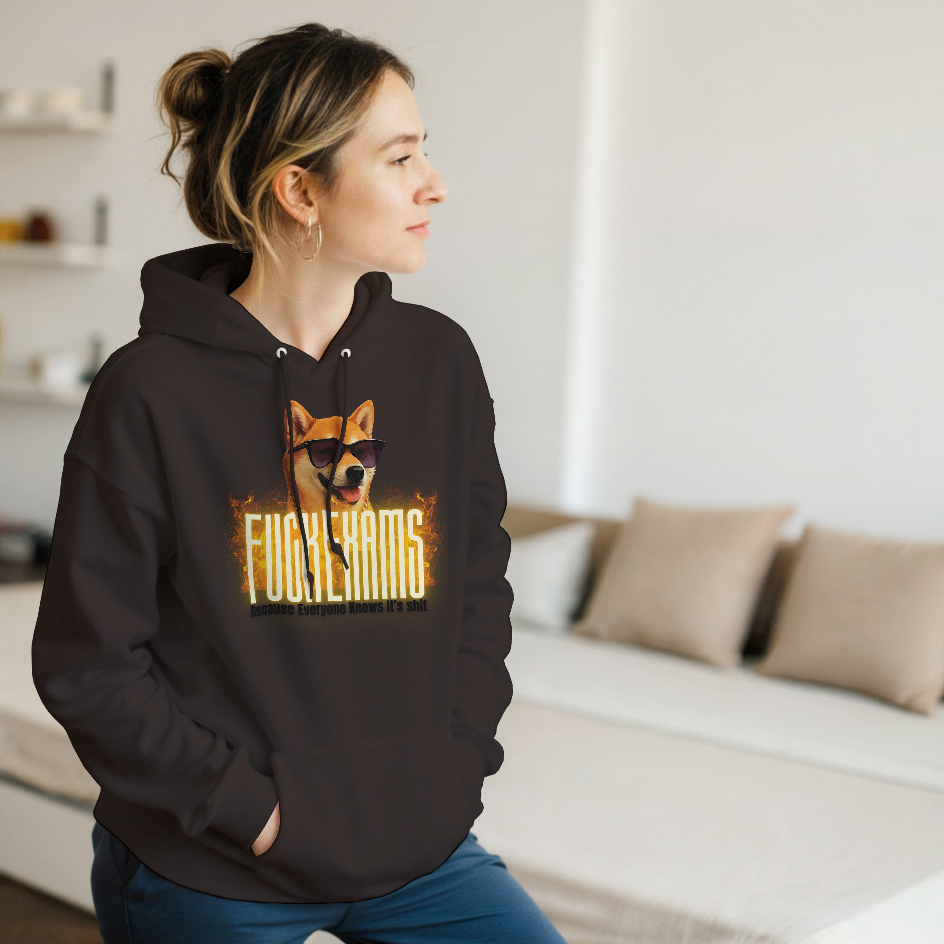 Fuck Exams Dog Hoodie | Funny Shiba Inu Meme Pullover | Sarcastic Student Gift