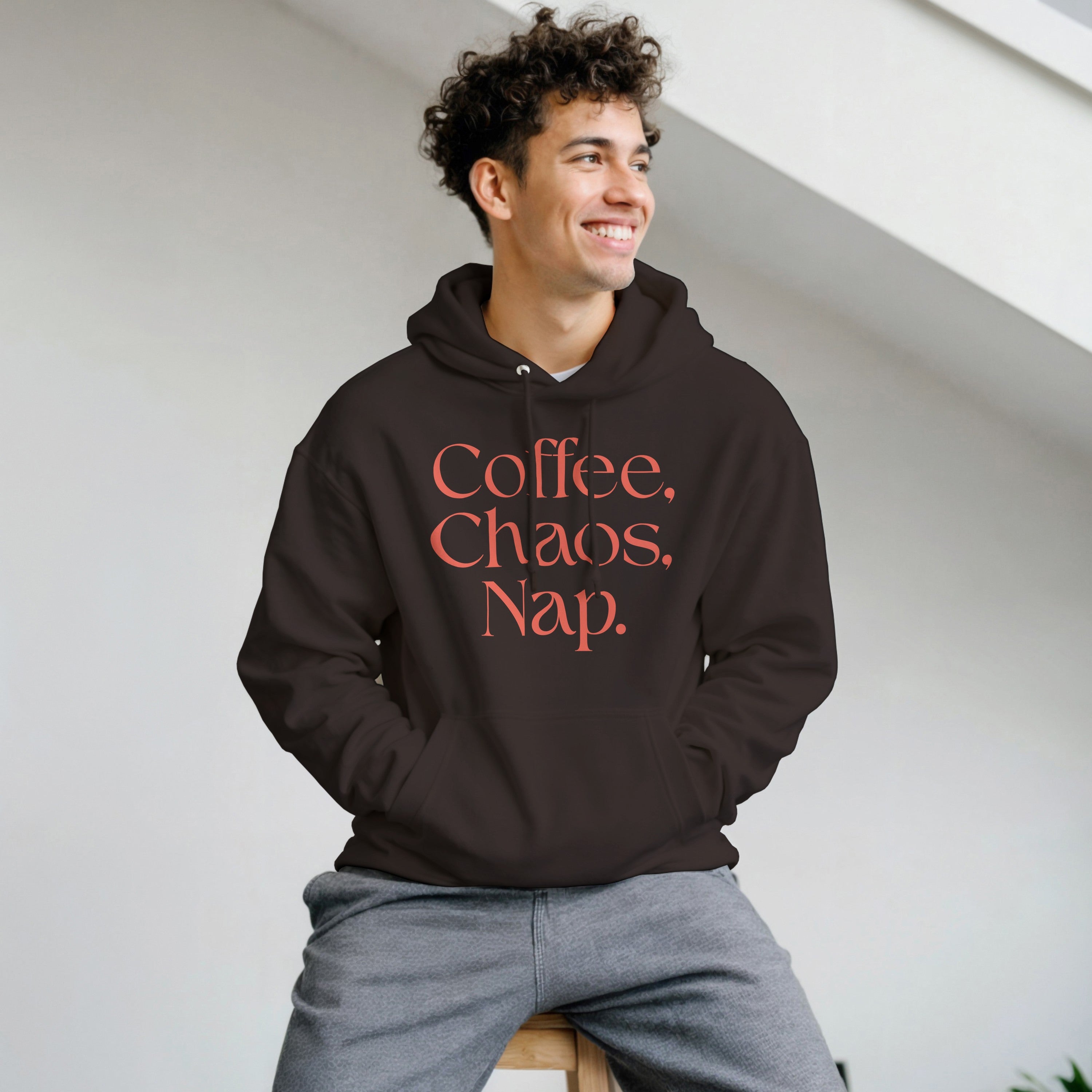 Coffee | Chaos | Nap | Minimalist Hoodie | Trendy Aesthetic Streetwear | Unisex Graphic Pullover | Cozy Loungewear | Funny Relatable Gift