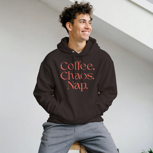 Coffee | Chaos | Nap | Minimalist Hoodie | Trendy Aesthetic Streetwear | Unisex Graphic Pullover | Cozy Loungewear | Funny Relatable Gift