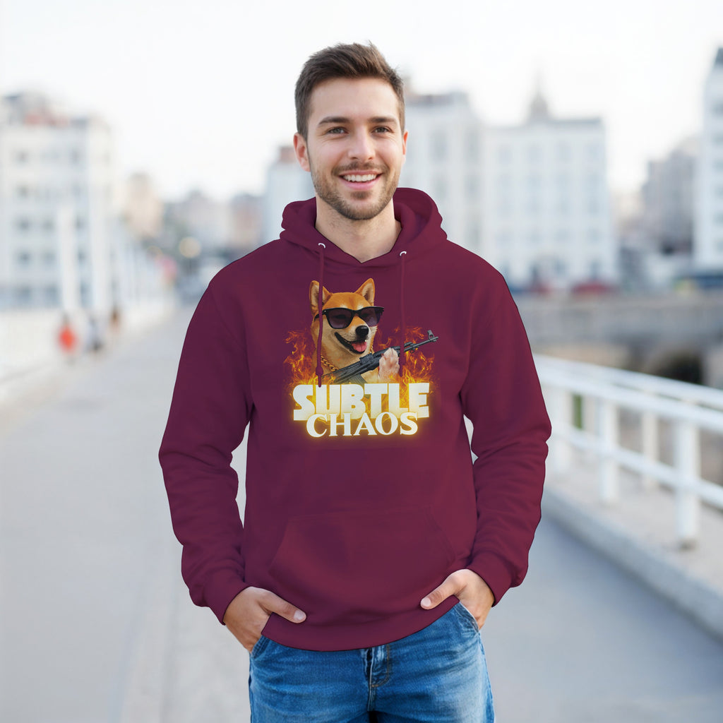 Subtle Chaos Shiba Inu Hoodie | Funny Tactical Dog Hooded Sweatshirt | AK47 Meme Clothing | Military History Buff Gift Graphic Outerwear