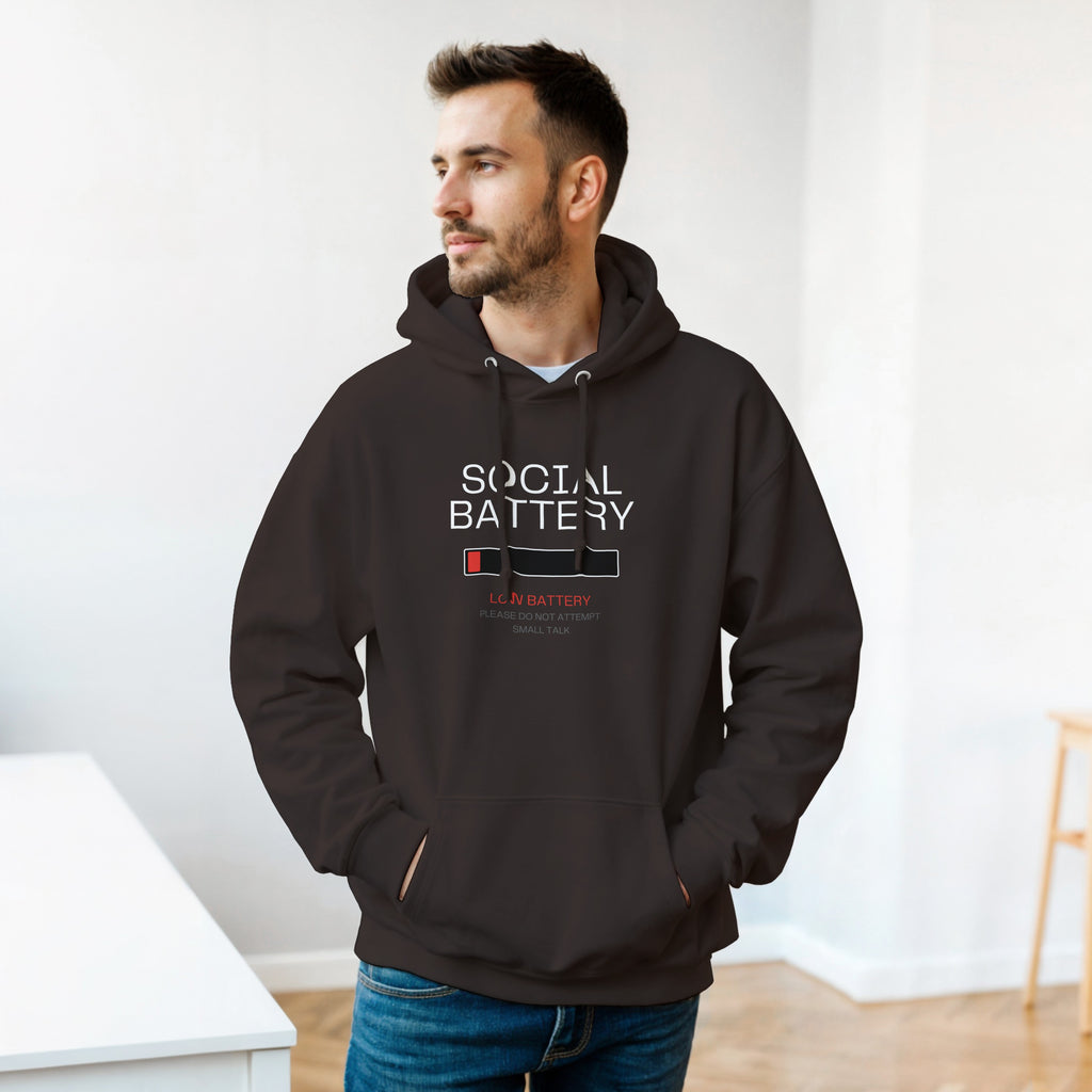 Social Battery Low Hoodie | Introvert Graphic Hooded Sweatshirt | Funny Sarcastic Pullover Hoody | Anti Social Gift | No Small Talk Clothing